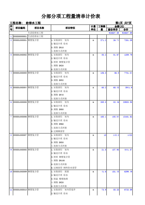 分部分项工程量清单计价表(水)