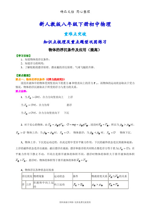 新人教版八年级下册物理[物体的浮沉条件及应用(提高)知识点整理及重点题型梳理]