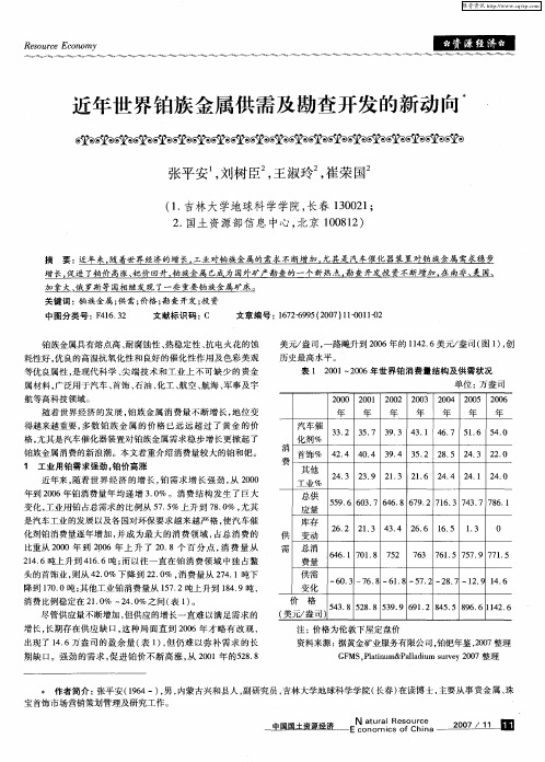 近年世界铂族金属供需及勘查开发的新动向