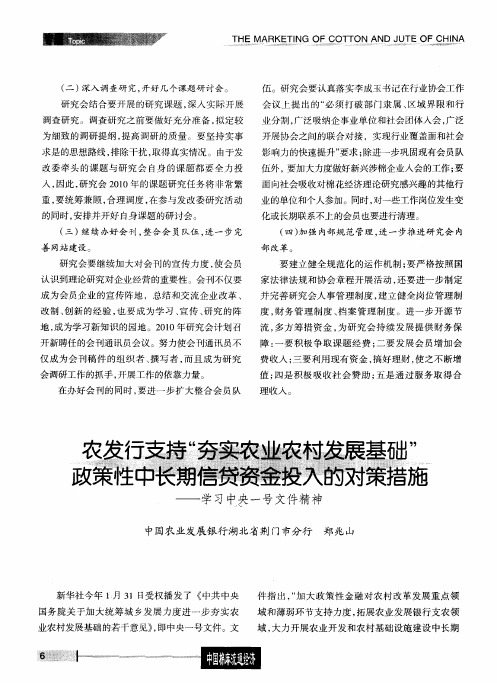 农发行支持＂夯实农业农村发展基础＂政策性中长期信贷资金投入的对策措施——学习中央一号文件精神