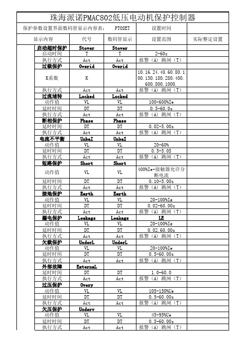 派诺马达保护器定值整定