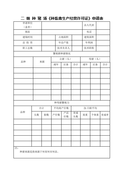 二 级 种 猪 场《种畜禽生产经营许可证》申请表