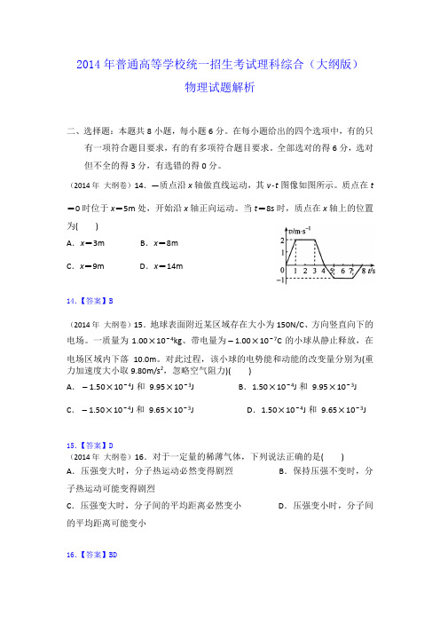 2014年高考真题—理综物理(全国大纲卷)Word版含答案