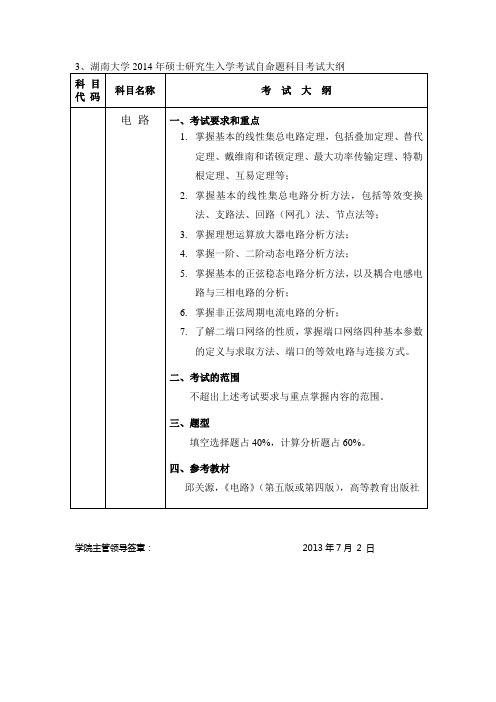 湖南大学821电路一考纲