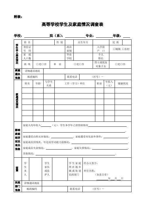 高等学校学生及家庭情况调查表表格标准模板