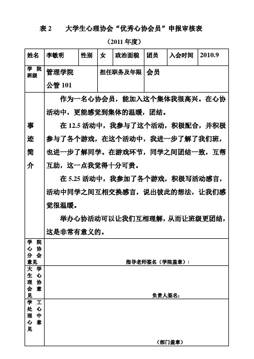 表2大学生心理协会优秀会员申报表