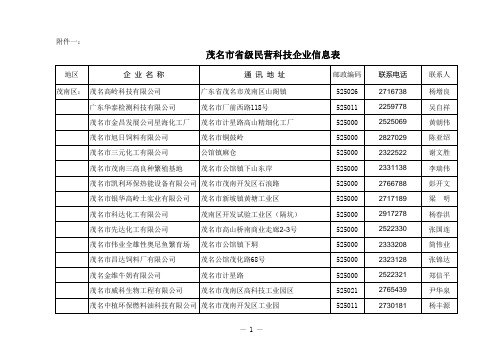 茂名市省级民营科技企业信息表