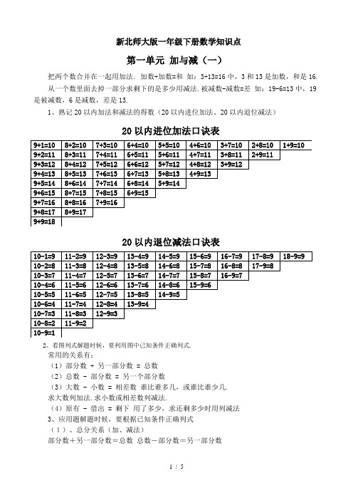 新北师大版一年级下册数学知识点