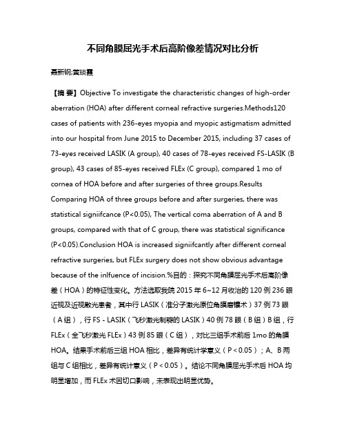 不同角膜屈光手术后高阶像差情况对比分析