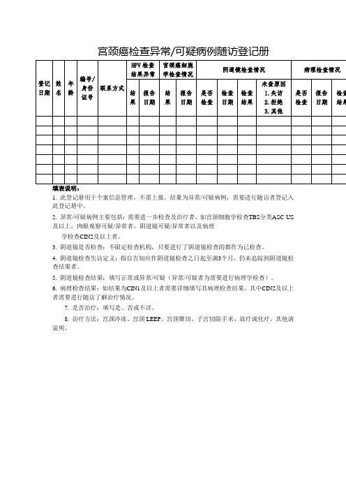 宫颈癌检查异常可疑病例随访登记册