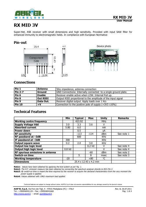 AUR°EL RX MID 3V 超高频ASK接收器说明书