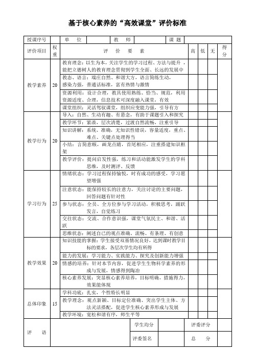 基于核心素养的高效课堂评价标准