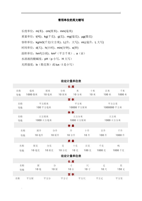 常用单位英文缩写及法定计量单位表