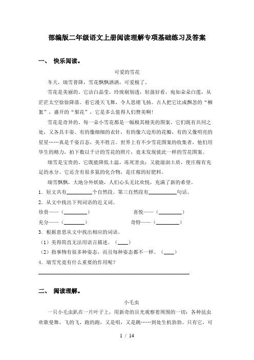 部编版二年级语文上册阅读理解专项基础练习及答案