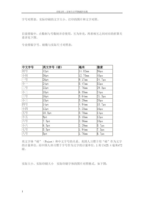 字号对照表