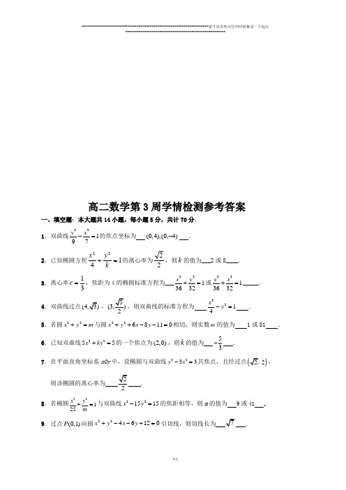 苏教版高中数学选修1-1高二每周段段清练习参考答案