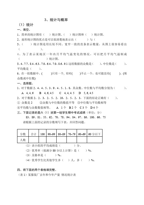 2020新版苏教版六年级下册数学统计与概率专项练习