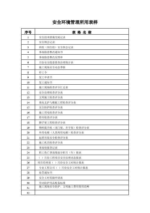 安全环境管理所用表样