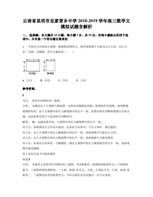 云南省昆明市呈家营乡中学2018-2019学年高三数学文模拟试题含解析