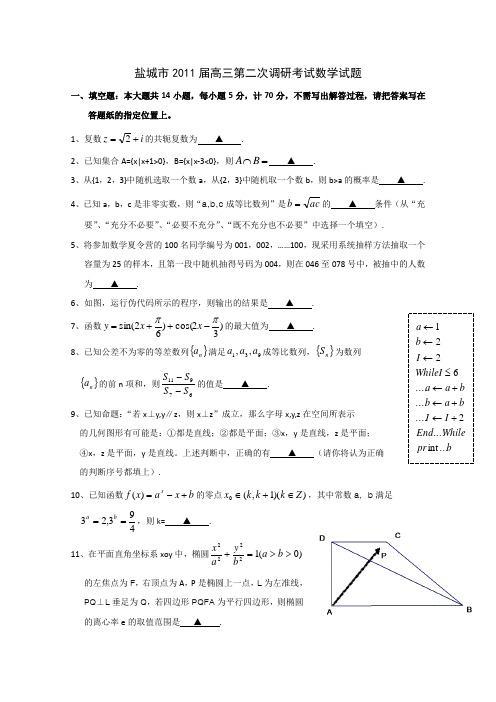 盐城市2011届高三第二次调研考试数学完整版有答案