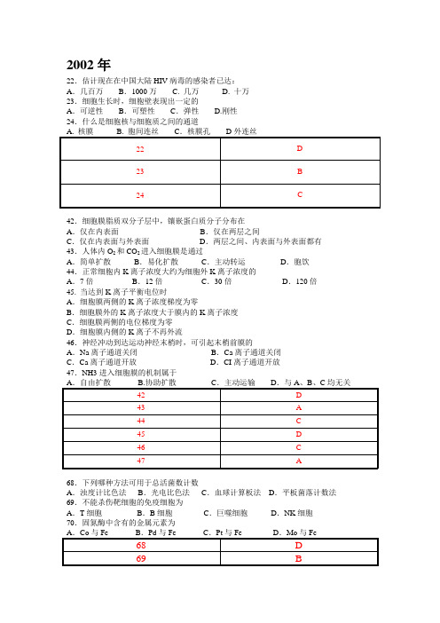 2002年全国生物联赛试题细胞生物学汇总