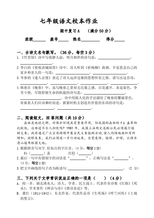 13.期中复习：七年下校本作业同步练习 