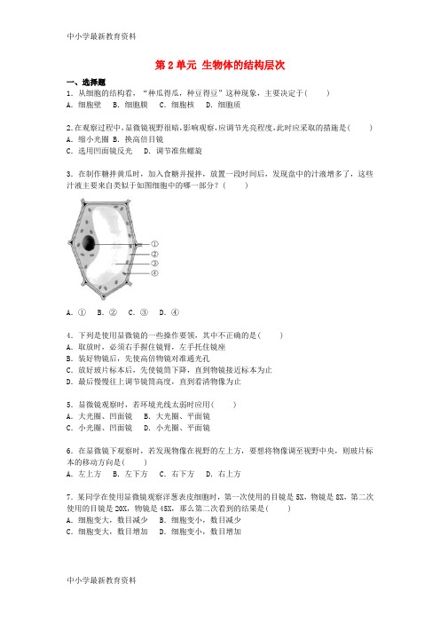 【中小学资料】山东省泰安市岱岳区新城实验中学2015年七年级生物上册 第2单元 生物体的结构层次单元综合检