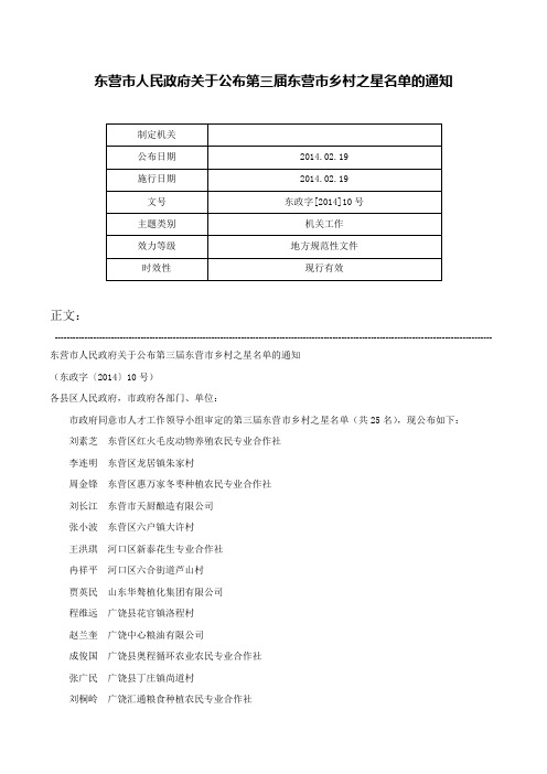 东营市人民政府关于公布第三届东营市乡村之星名单的通知-东政字[2014]10号