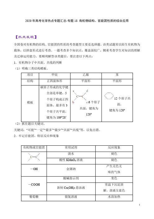 2020年高考化学热点专题汇总-专题18 有机物结构、官能团性质的综合应用