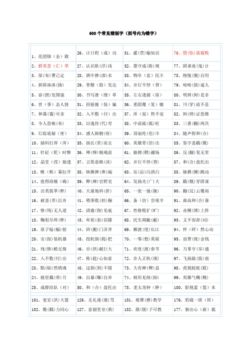 600个常见错别字