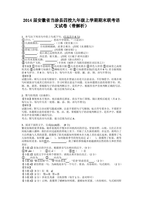 安徽省当涂县四校2013-2014学年九年级上学期期末联考语文试卷(纯word解析版)