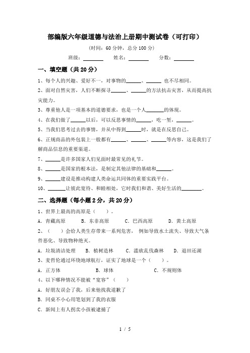 部编版六年级道德与法治上册期中测试卷(可打印)