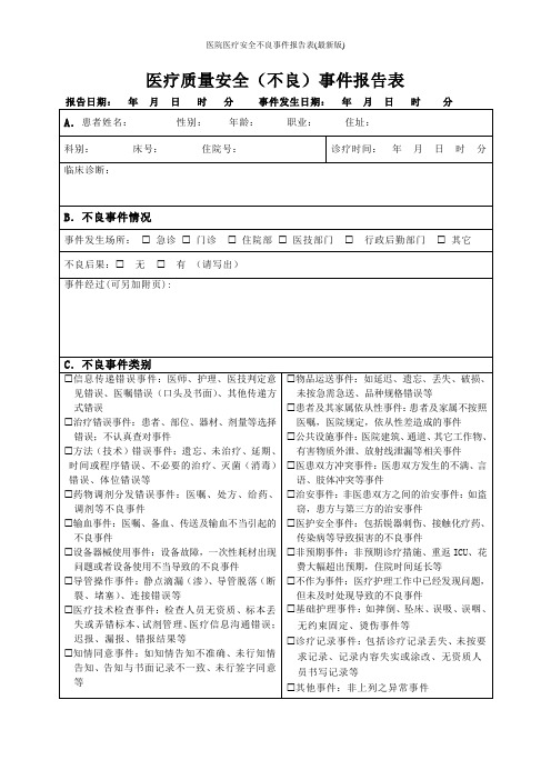 医院医疗安全不良事件报告表(最新版)