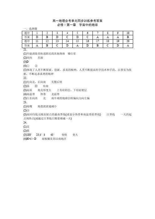 高一地理会考单元同步训练参考答案