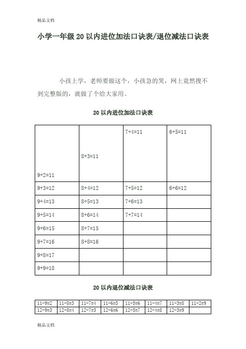 最新小学一年级20以内进位加法口诀表