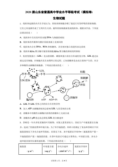 2020届山东省普通高中学业水平等级考试(模拟卷)生物试题(带答案解析)