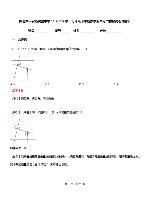 国营太平农场实验中学2018-2019学年七年级下学期数学期中考试模拟试卷含解析