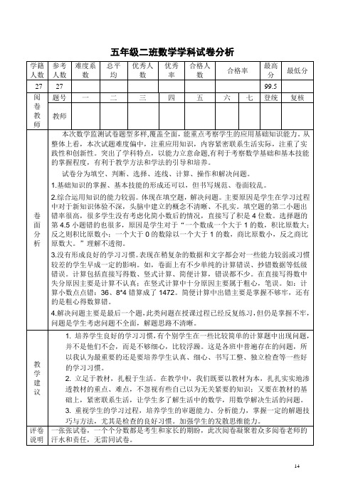 五年级二班数学考试试卷分析