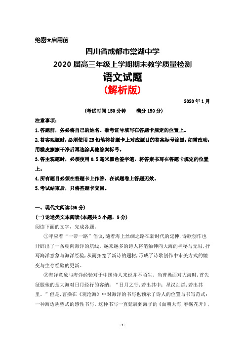 2020届四川省成都市棠湖中学高三年级上学期期末考试语文试题(解析版)