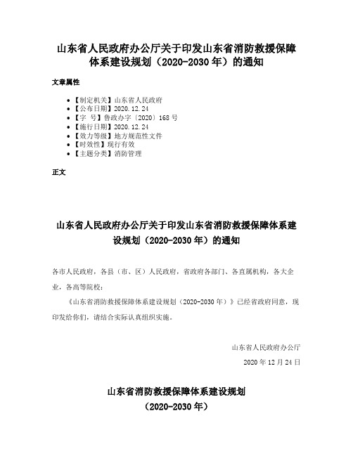 山东省人民政府办公厅关于印发山东省消防救援保障体系建设规划（2020-2030年）的通知