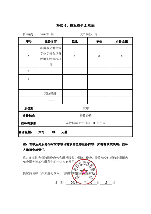 格式4、投标报价汇总表