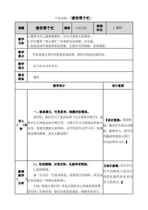 小学语文部编版一年级下册第但单元《口语交际：请你帮个忙》 教案、教学设计