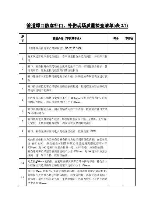 2.7管道焊口防腐补口、补伤现场质量检查清单