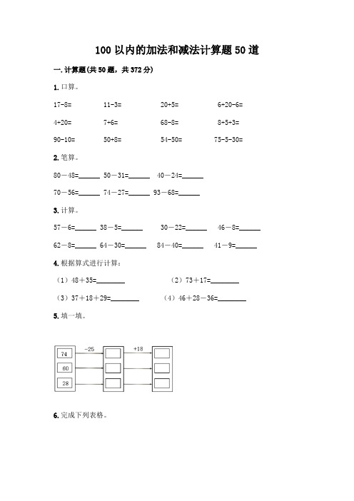 100以内的加法和减法计算题50道附答案【黄金题型】