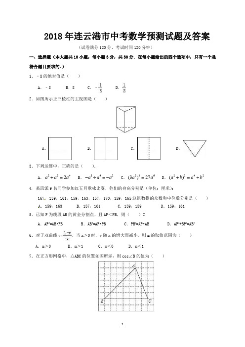 2018年连云港市中考数学预测试题及答案