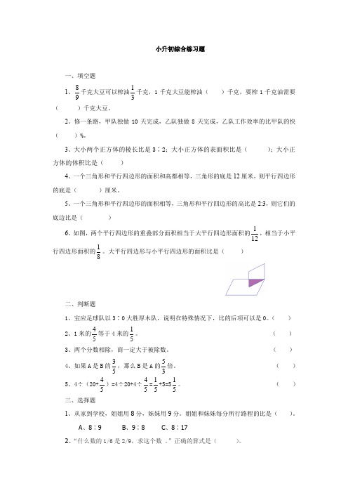 六年级下册数学试题-小升初综合练习题(3)(无答案)人教版