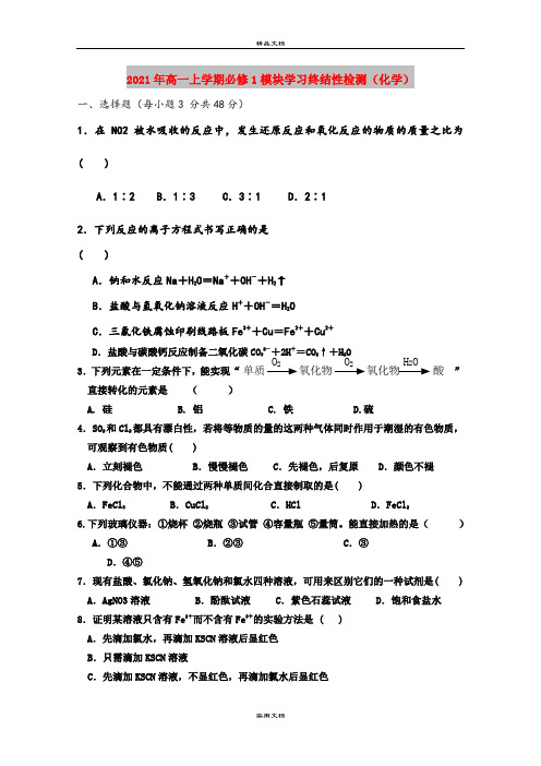 2021年高一上学期必修1模块学习终结性检测(化学)