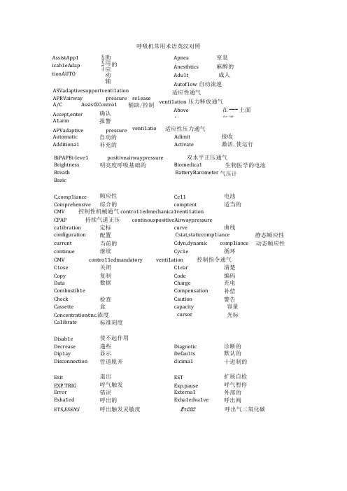 医学资料：呼吸机常用术语英汉对