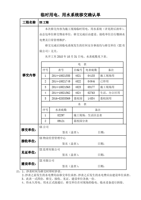 临时用电、用水系统移交确认单