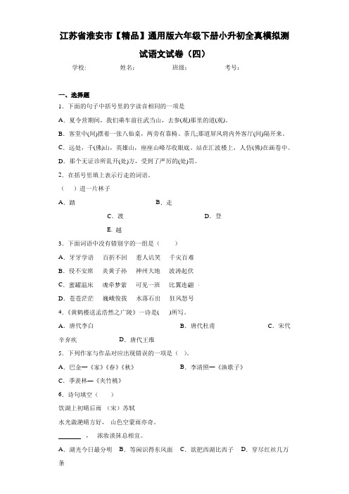 通用版六年级下册小升初全真模拟测试语文试卷(四)(含答案解析)